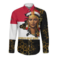 Hatshepsut Long Sleeve Button Shirt with Royal Portrait, Pre-Colonial Empires Text and Red-Black Honeycomb - Wonder Print Shop