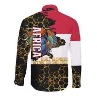 Hatshepsut Long Sleeve Button Shirt with Royal Portrait, Pre-Colonial Empires Text and Red-Black Honeycomb - Wonder Print Shop