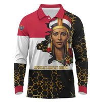 Hatshepsut Long Sleeve Polo Shirt with Royal Portrait, Pre-Colonial Empires Text and Red-Black Honeycomb - Wonder Print Shop
