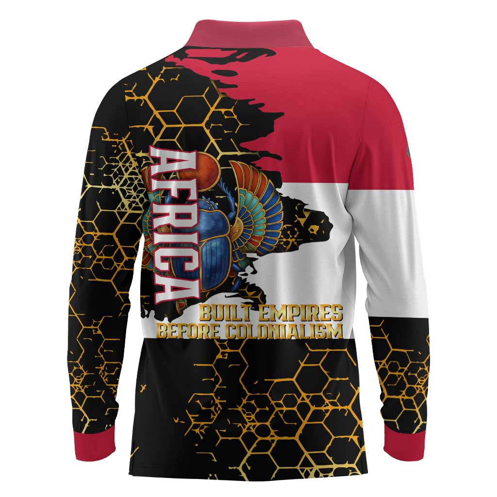 Hatshepsut Long Sleeve Polo Shirt with Royal Portrait, Pre-Colonial Empires Text and Red-Black Honeycomb - Wonder Print Shop