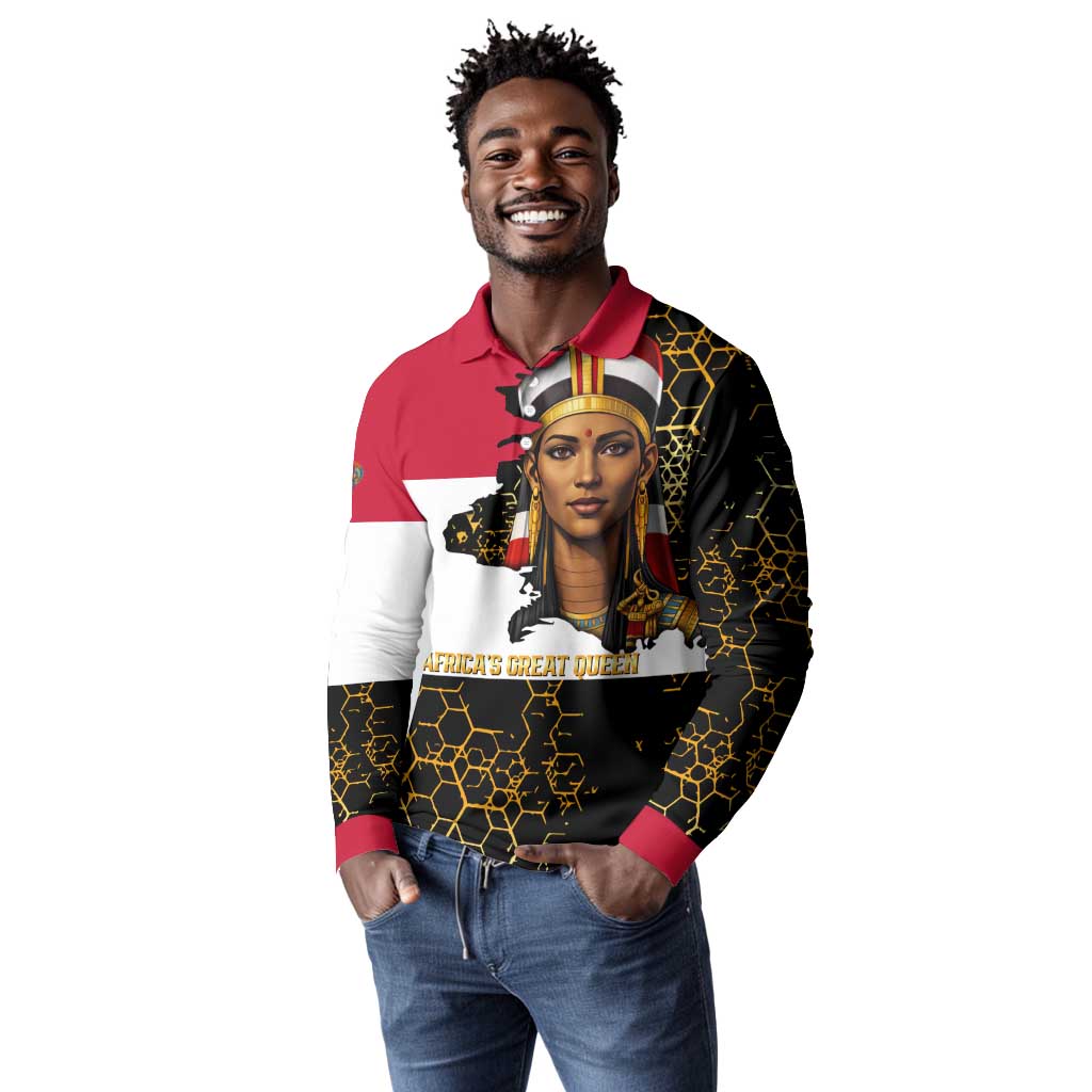 Hatshepsut Long Sleeve Polo Shirt with Royal Portrait, Pre-Colonial Empires Text and Red-Black Honeycomb - Wonder Print Shop