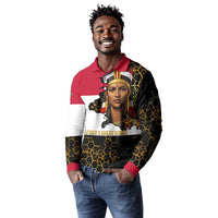 Hatshepsut Long Sleeve Polo Shirt with Royal Portrait, Pre-Colonial Empires Text and Red-Black Honeycomb - Wonder Print Shop