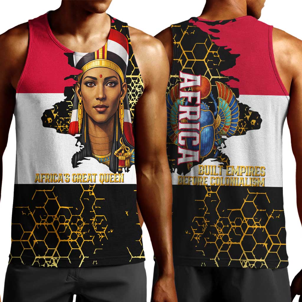 Hatshepsut Men Tank Top with Royal Portrait, Pre-Colonial Empires Text and Red-Black Honeycomb - Wonder Print Shop