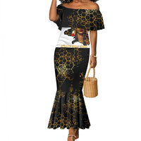Hatshepsut Mermaid Dress with Royal Portrait, Pre-Colonial Empires Text and Red-Black Honeycomb - Wonder Print Shop