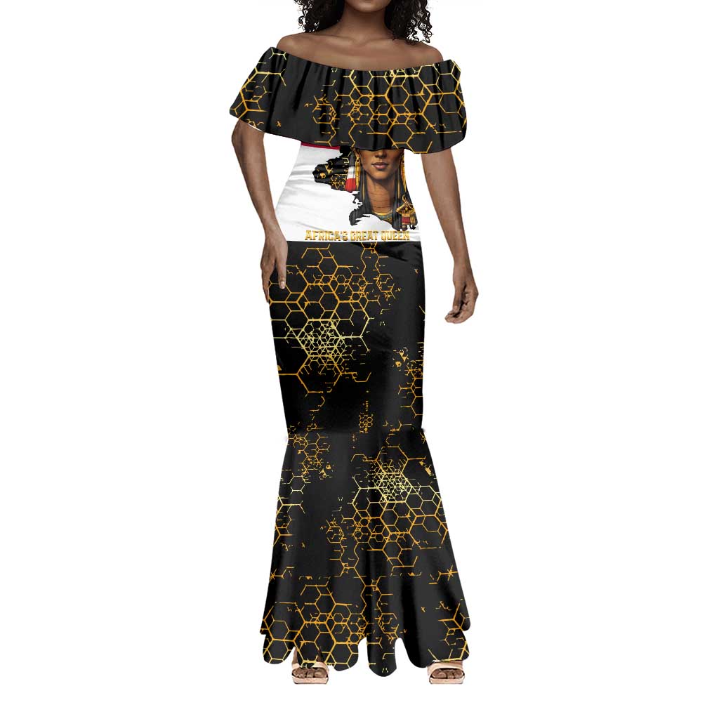 Hatshepsut Mermaid Dress with Royal Portrait, Pre-Colonial Empires Text and Red-Black Honeycomb - Wonder Print Shop