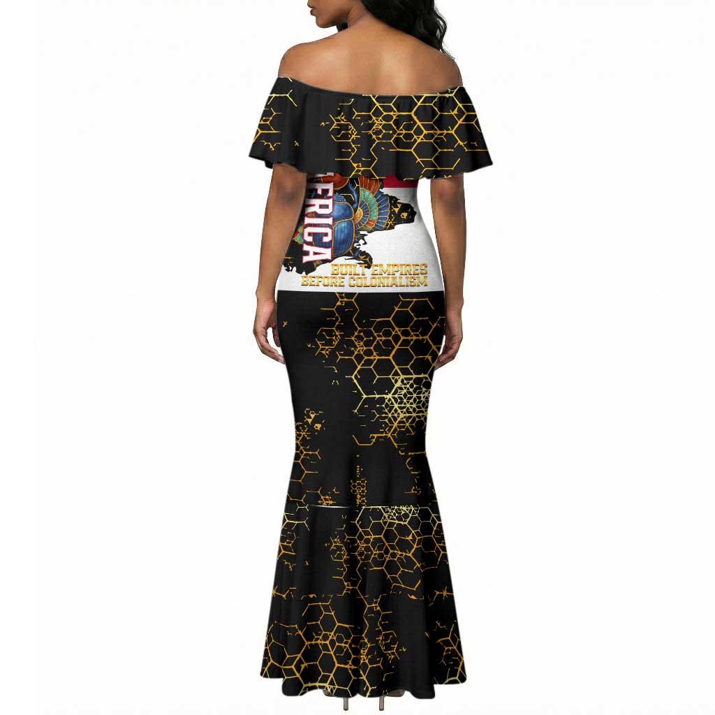 Hatshepsut Mermaid Dress with Royal Portrait, Pre-Colonial Empires Text and Red-Black Honeycomb - Wonder Print Shop