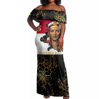 Hatshepsut Off Shoulder Maxi Dress with Royal Portrait, Pre-Colonial Empires Text and Red-Black Honeycomb - Wonder Print Shop