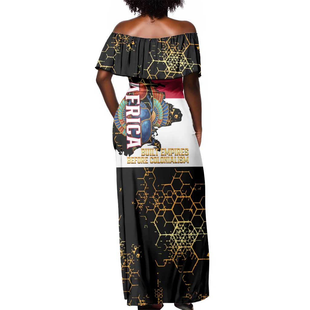 Hatshepsut Off Shoulder Maxi Dress with Royal Portrait, Pre-Colonial Empires Text and Red-Black Honeycomb - Wonder Print Shop