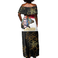 Hatshepsut Off Shoulder Maxi Dress with Royal Portrait, Pre-Colonial Empires Text and Red-Black Honeycomb - Wonder Print Shop