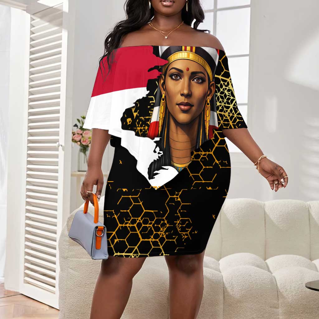 Hatshepsut Off Shoulder Short Dress with Royal Portrait, Pre-Colonial Empires Text and Red-Black Honeycomb - Wonder Print Shop