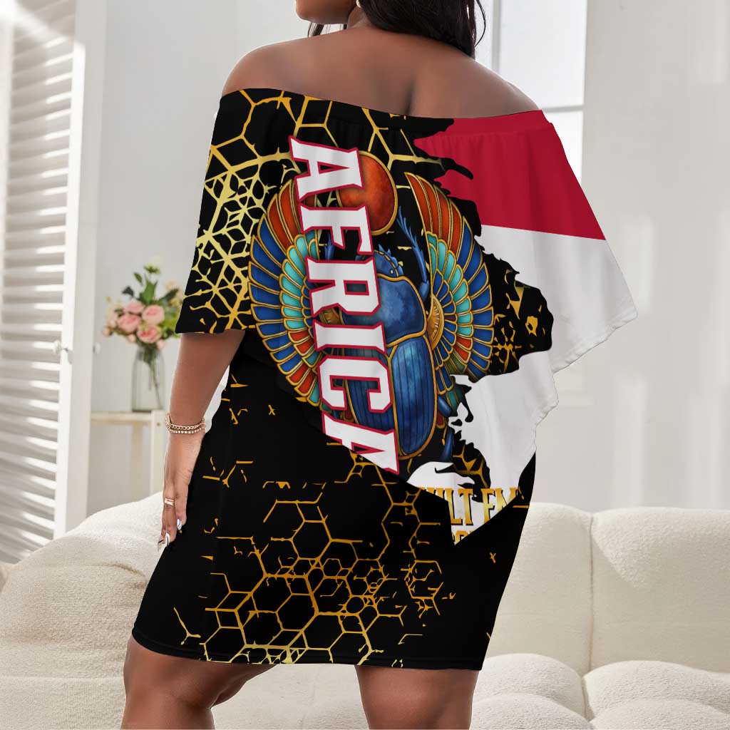 Hatshepsut Off Shoulder Short Dress with Royal Portrait, Pre-Colonial Empires Text and Red-Black Honeycomb - Wonder Print Shop
