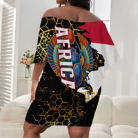 Hatshepsut Off Shoulder Short Dress with Royal Portrait, Pre-Colonial Empires Text and Red-Black Honeycomb - Wonder Print Shop