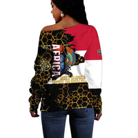 Hatshepsut Off Shoulder Sweater with Royal Portrait, Pre-Colonial Empires Text and Red-Black Honeycomb - Wonder Print Shop