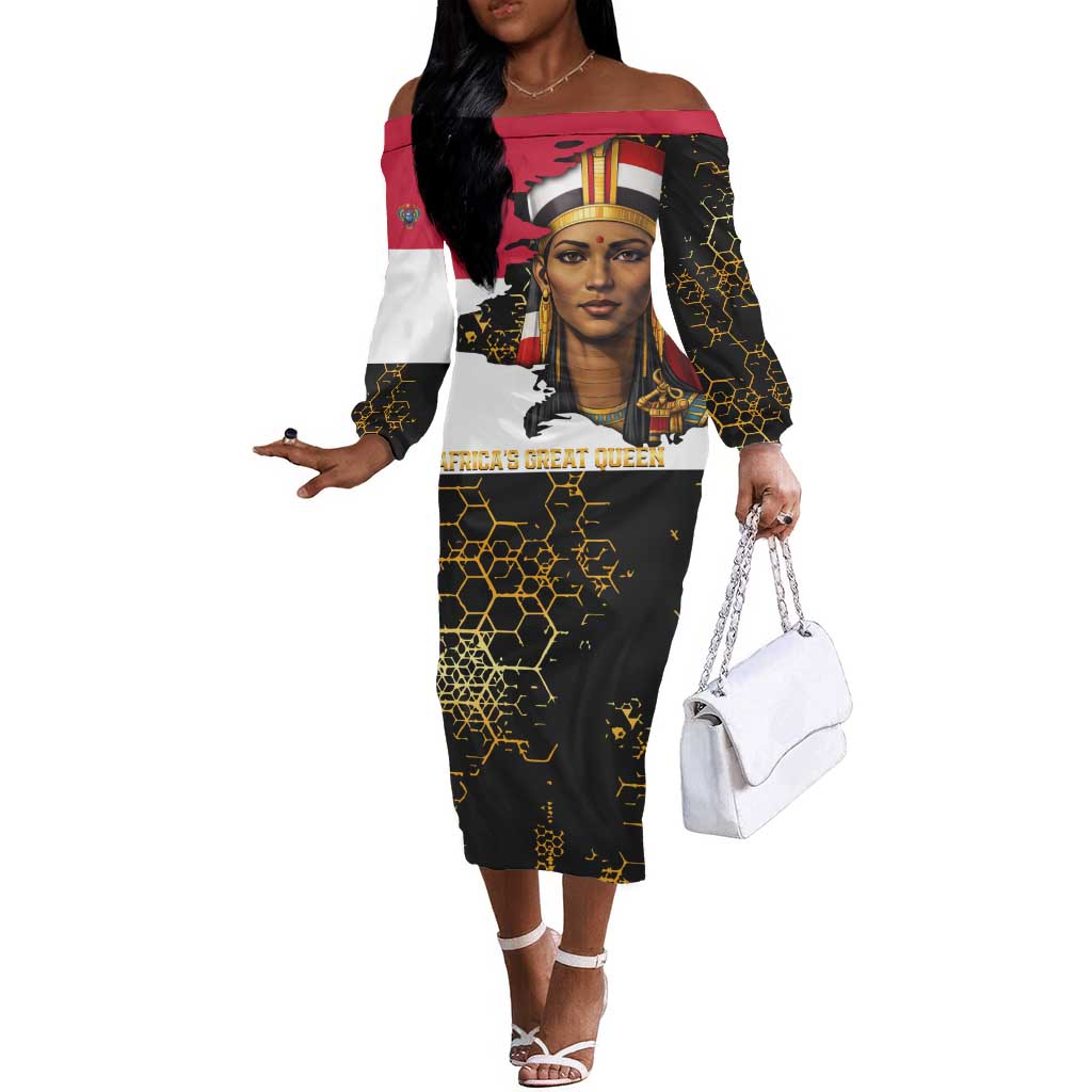Hatshepsut Off The Shoulder Long Sleeve Dress with Royal Portrait, Pre-Colonial Empires Text and Red-Black Honeycomb - Wonder Print Shop