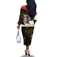 Hatshepsut Off The Shoulder Long Sleeve Dress with Royal Portrait, Pre-Colonial Empires Text and Red-Black Honeycomb - Wonder Print Shop