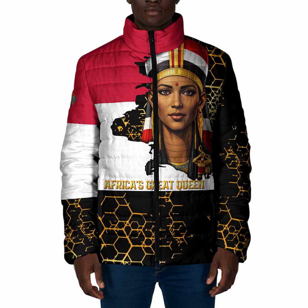 Hatshepsut Padded Jacket with Royal Portrait, Pre-Colonial Empires Text and Red-Black Honeycomb - Wonder Print Shop