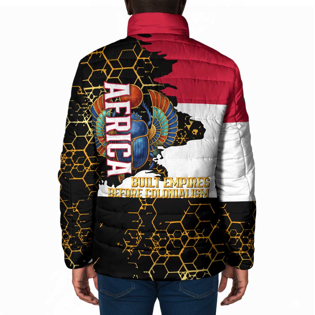 Hatshepsut Padded Jacket with Royal Portrait, Pre-Colonial Empires Text and Red-Black Honeycomb - Wonder Print Shop