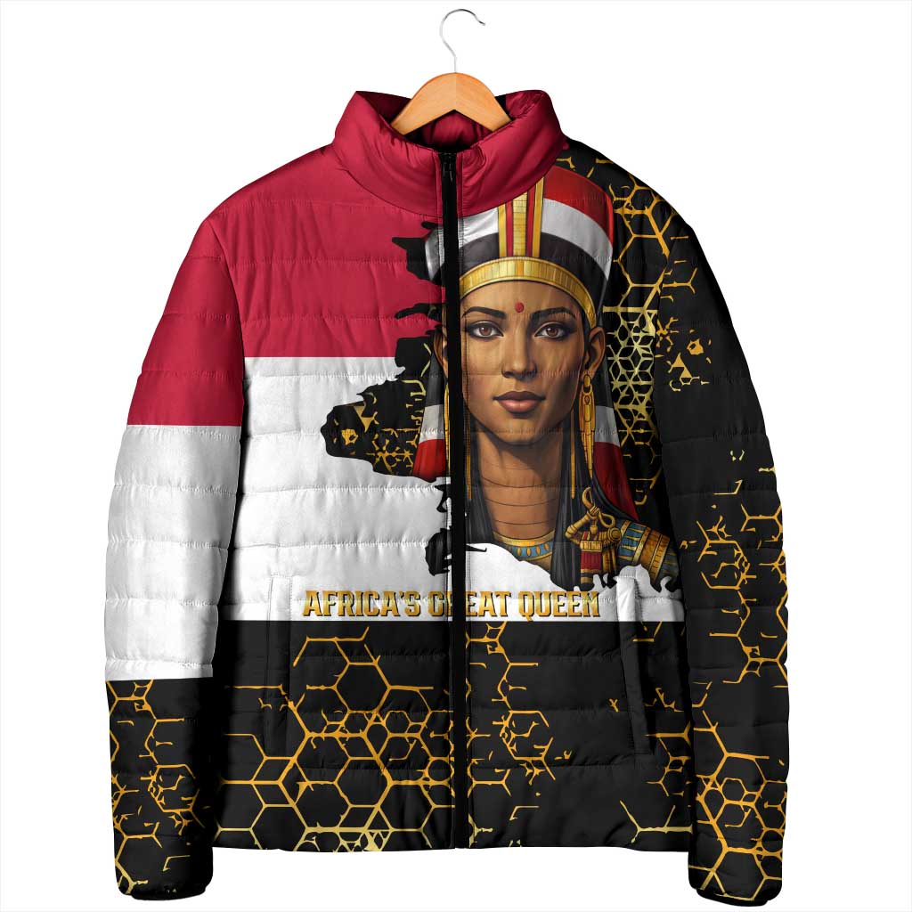 Hatshepsut Padded Jacket with Royal Portrait, Pre-Colonial Empires Text and Red-Black Honeycomb - Wonder Print Shop