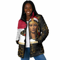 Hatshepsut Padded Jacket with Royal Portrait, Pre-Colonial Empires Text and Red-Black Honeycomb - Wonder Print Shop