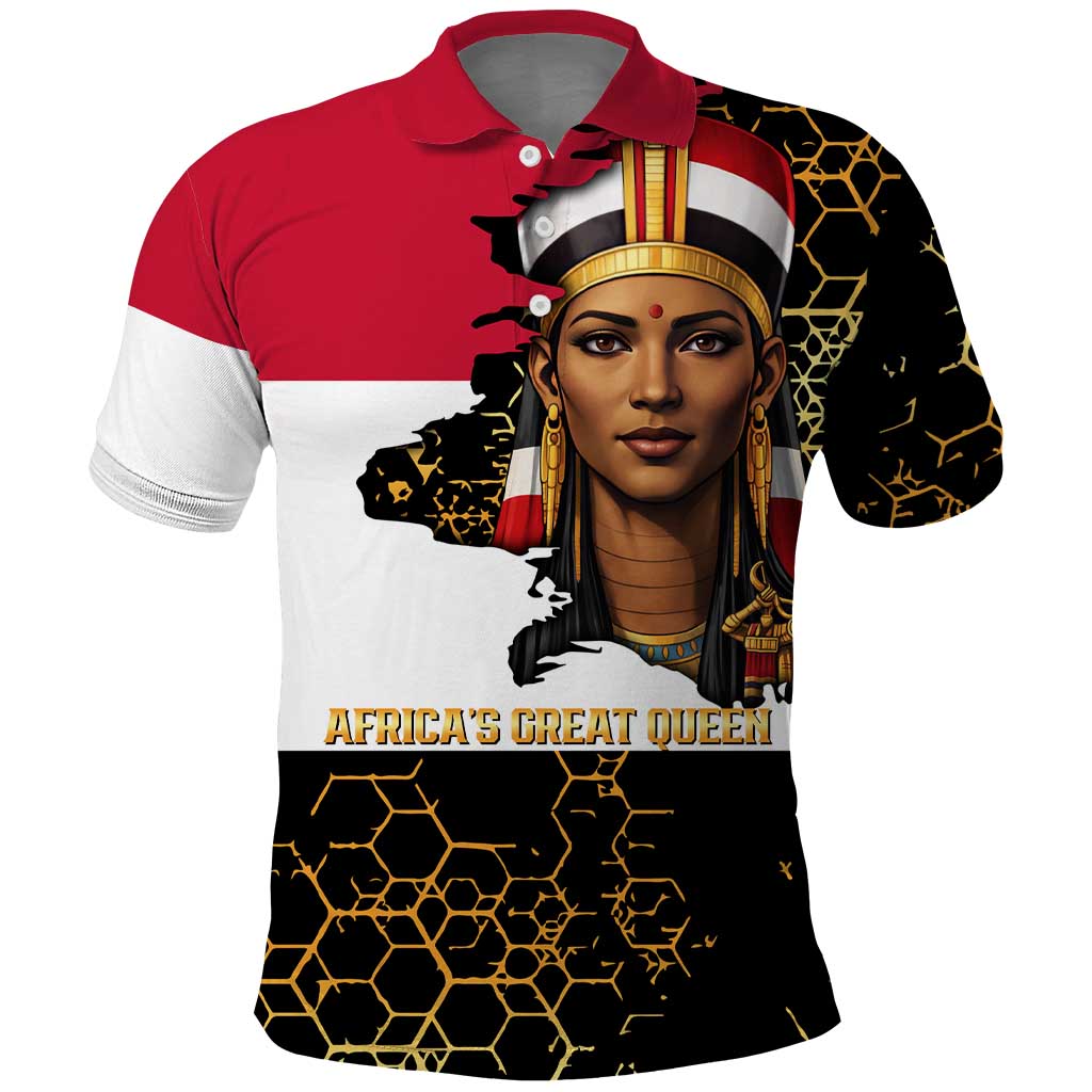 Hatshepsut Polo Shirt with Royal Portrait, Pre-Colonial Empires Text and Red-Black Honeycomb - Wonder Print Shop