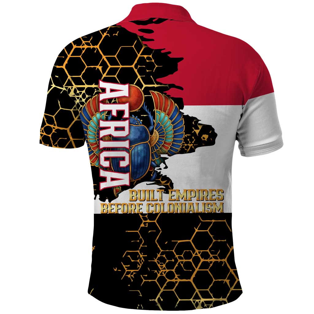 Hatshepsut Polo Shirt with Royal Portrait, Pre-Colonial Empires Text and Red-Black Honeycomb - Wonder Print Shop