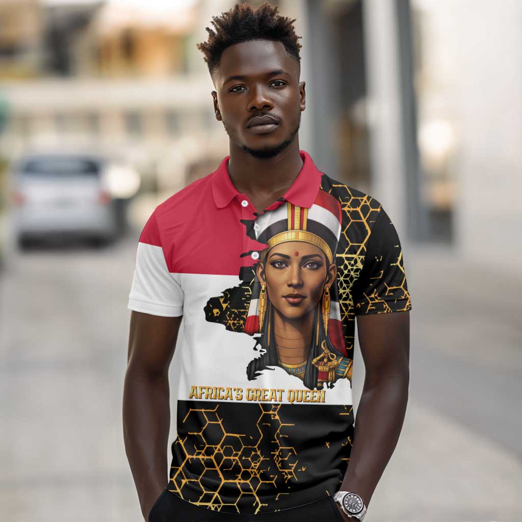 Hatshepsut Polo Shirt with Royal Portrait, Pre-Colonial Empires Text and Red-Black Honeycomb - Wonder Print Shop