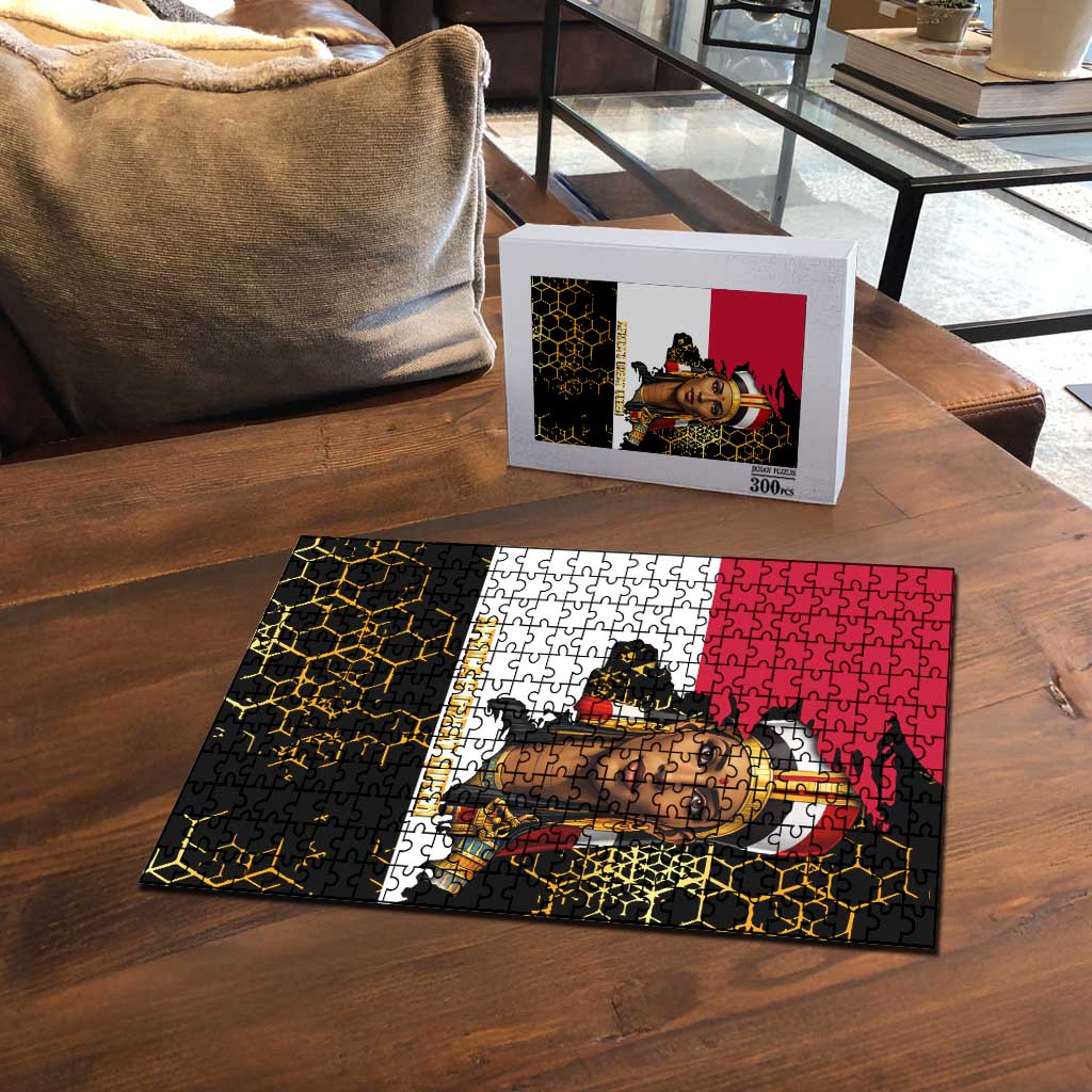 Hatshepsut Puzzle with Royal Portrait, Pre-Colonial Empires Text and Red-Black Honeycomb - Wonder Print Shop