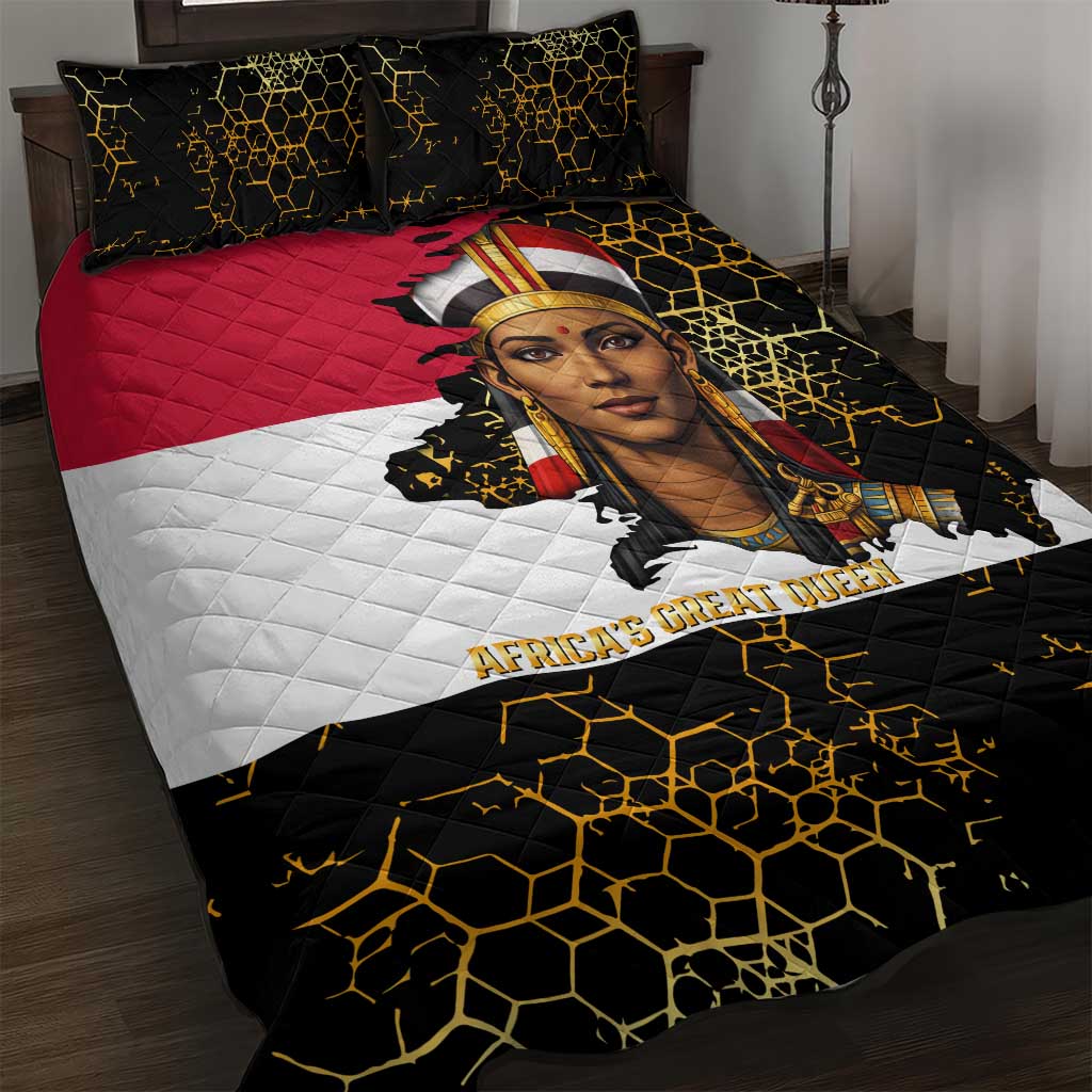 Hatshepsut Quilt Bed Set with Royal Portrait, Pre-Colonial Empires Text and Red-Black Honeycomb - Wonder Print Shop