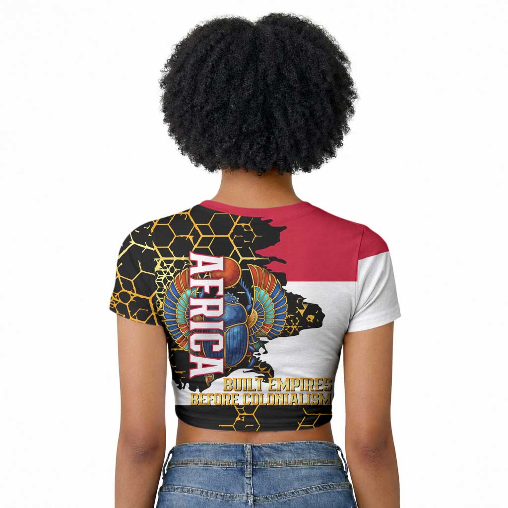 Hatshepsut Raglan Cropped T shirt with Royal Portrait, Pre-Colonial Empires Text and Red-Black Honeycomb - Wonder Print Shop