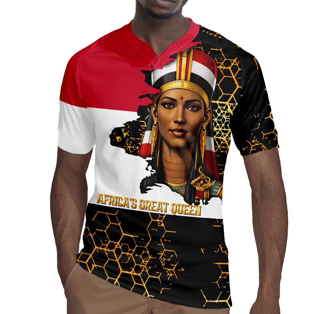 Hatshepsut Rugby Jersey with Royal Portrait, Pre-Colonial Empires Text and Red-Black Honeycomb - Wonder Print Shop
