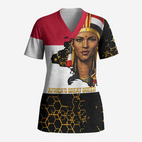 Hatshepsut Scrub Top with Royal Portrait, Pre-Colonial Empires Text and Red-Black Honeycomb - Wonder Print Shop