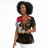 Hatshepsut Scrub Top with Royal Portrait, Pre-Colonial Empires Text and Red-Black Honeycomb - Wonder Print Shop