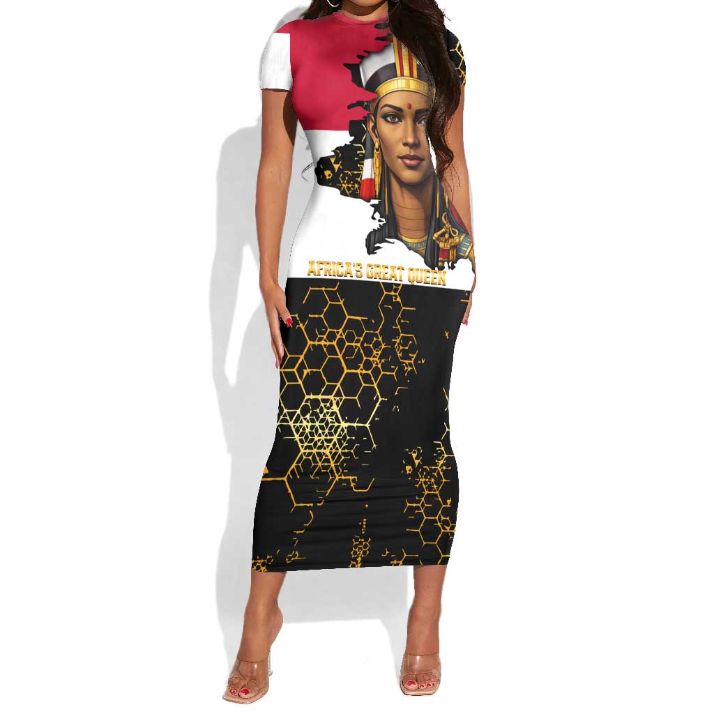Hatshepsut Short Sleeve Bodycon Dress with Royal Portrait, Pre-Colonial Empires Text and Red-Black Honeycomb - Wonder Print Shop