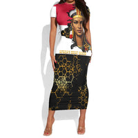 Hatshepsut Short Sleeve Bodycon Dress with Royal Portrait, Pre-Colonial Empires Text and Red-Black Honeycomb - Wonder Print Shop