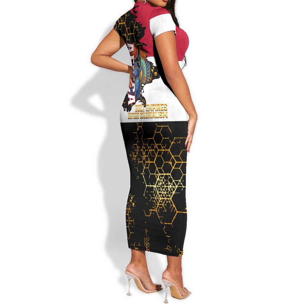 Hatshepsut Short Sleeve Bodycon Dress with Royal Portrait, Pre-Colonial Empires Text and Red-Black Honeycomb - Wonder Print Shop