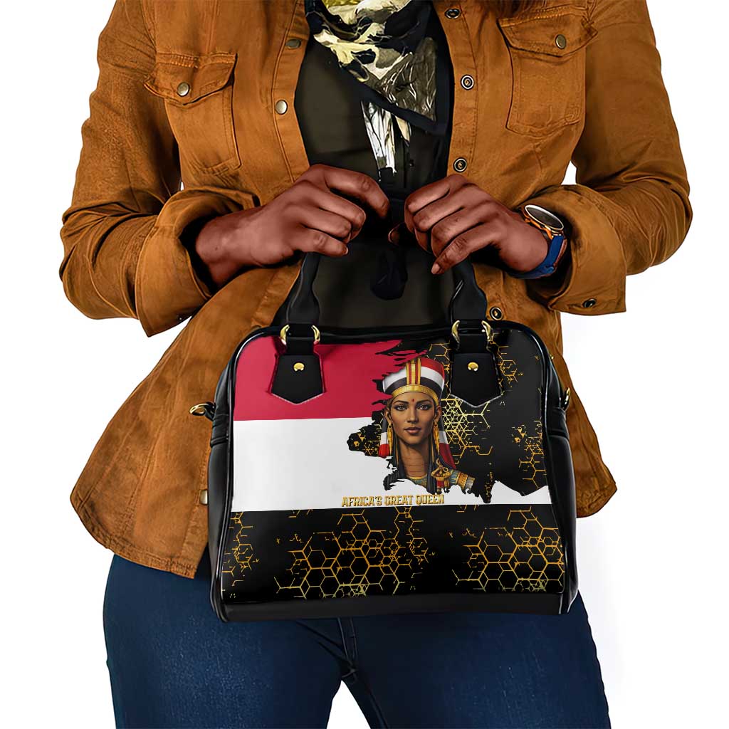 Hatshepsut Shoulder Handbag with Royal Portrait, Pre-Colonial Empires Text and Red-Black Honeycomb - Wonder Print Shop