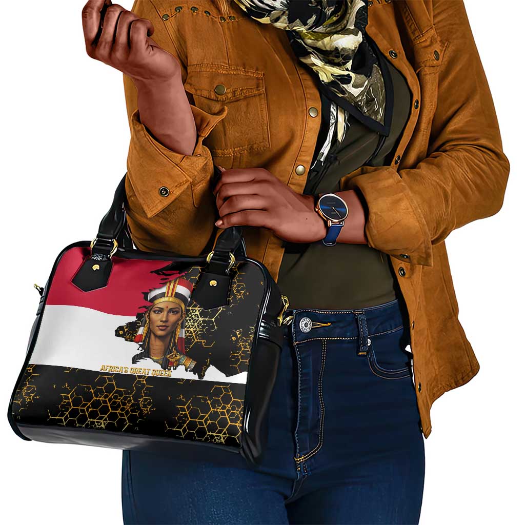 Hatshepsut Shoulder Handbag with Royal Portrait, Pre-Colonial Empires Text and Red-Black Honeycomb - Wonder Print Shop