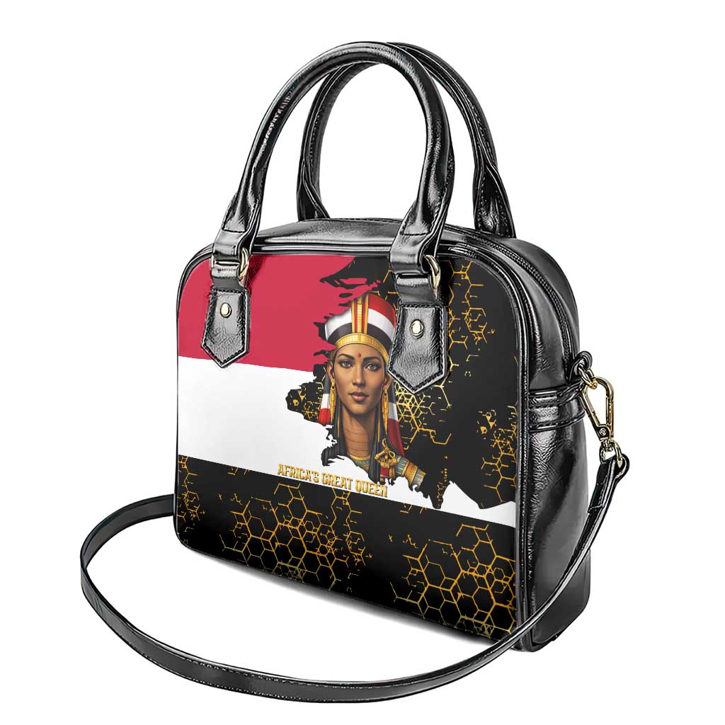 Hatshepsut Shoulder Handbag with Royal Portrait, Pre-Colonial Empires Text and Red-Black Honeycomb - Wonder Print Shop