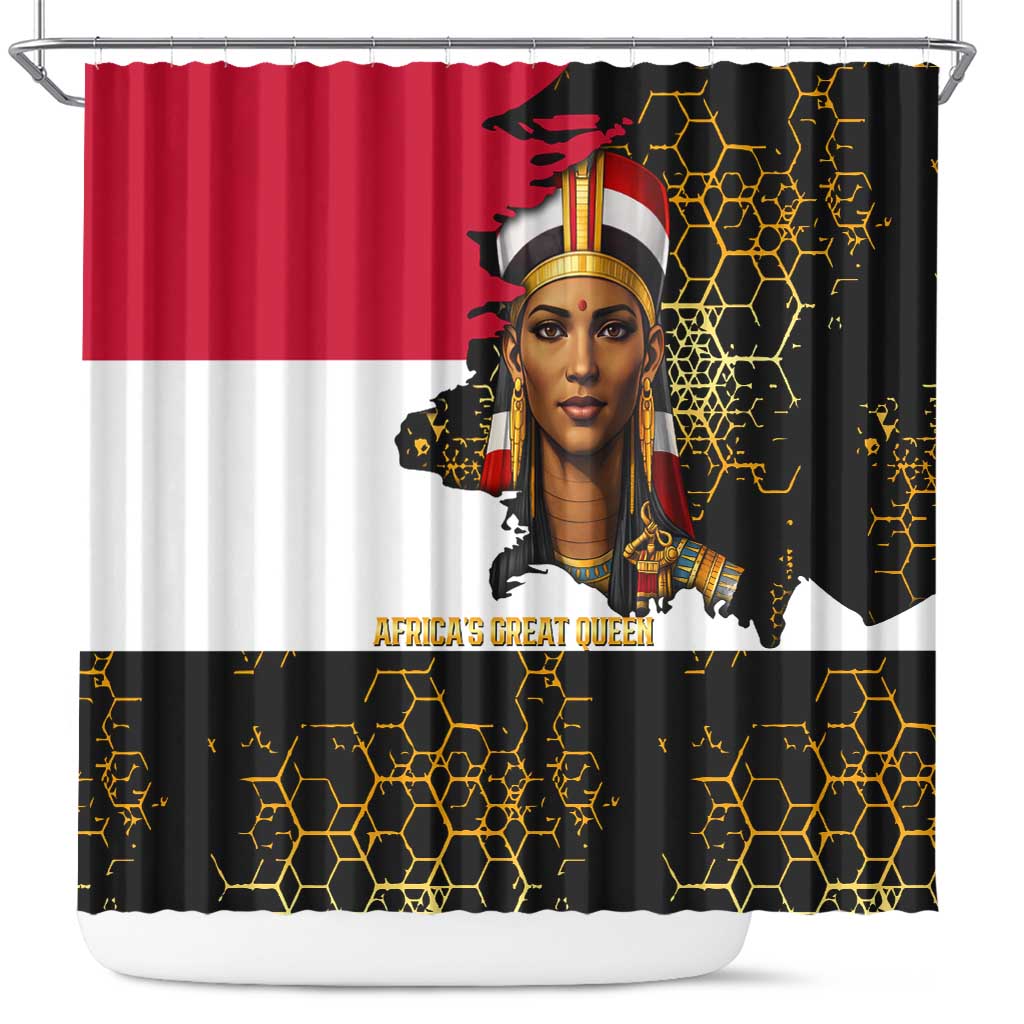 Hatshepsut Shower Curtain with Royal Portrait, Pre-Colonial Empires Text and Red-Black Honeycomb - Wonder Print Shop