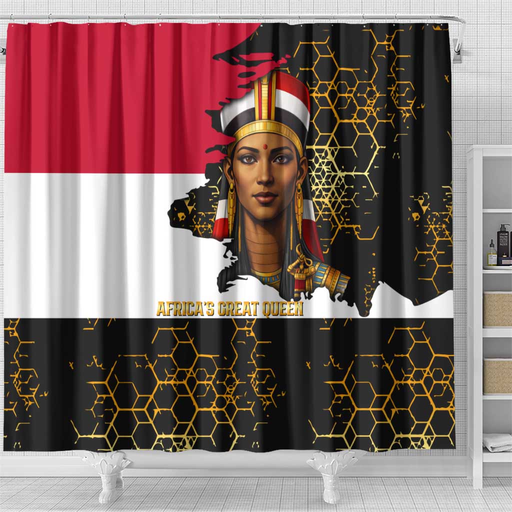 Hatshepsut Shower Curtain with Royal Portrait, Pre-Colonial Empires Text and Red-Black Honeycomb - Wonder Print Shop