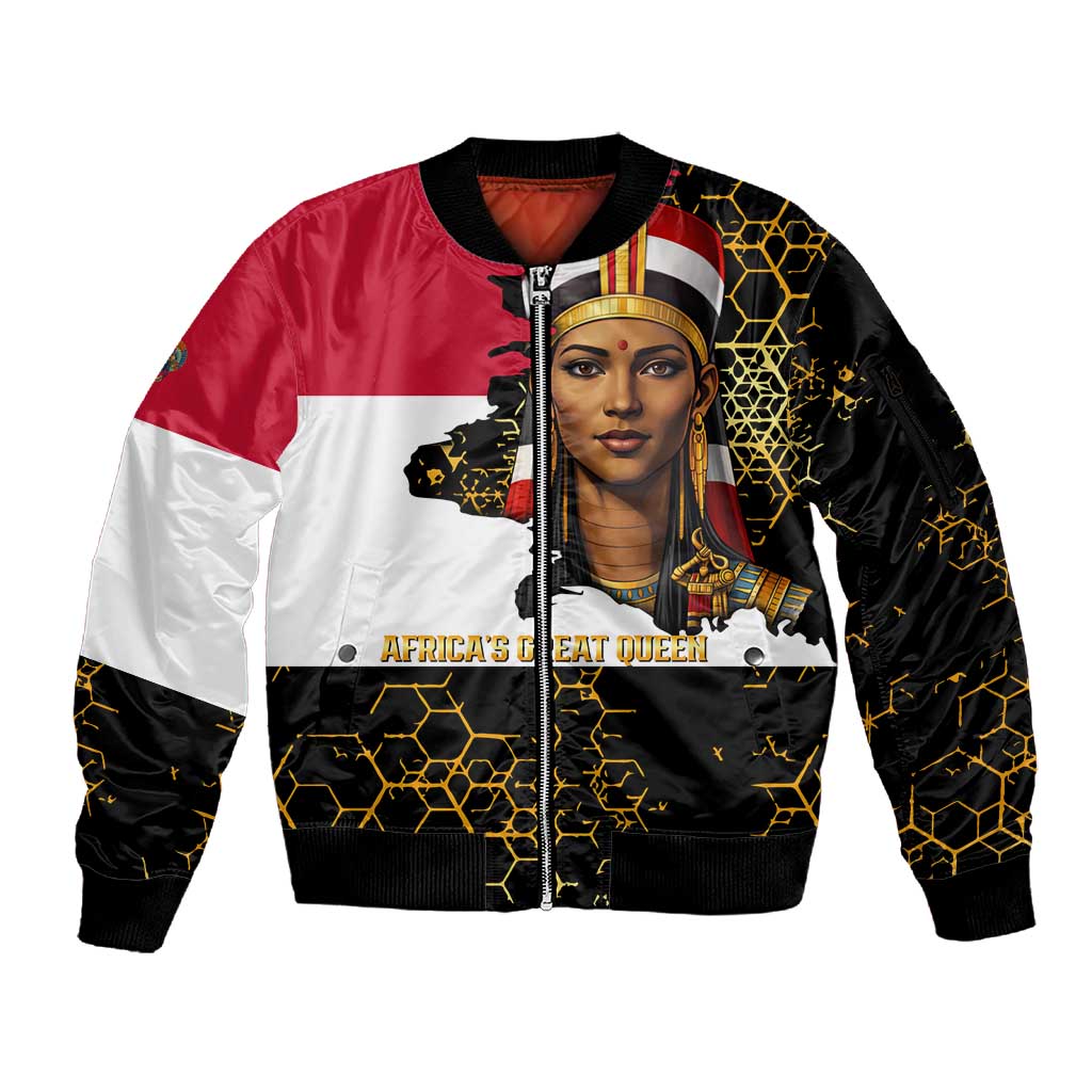 Hatshepsut Sleeve Zip Bomber Jacket with Royal Portrait, Pre-Colonial Empires Text and Red-Black Honeycomb - Wonder Print Shop