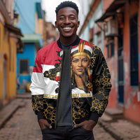Hatshepsut Sleeve Zip Bomber Jacket with Royal Portrait, Pre-Colonial Empires Text and Red-Black Honeycomb - Wonder Print Shop