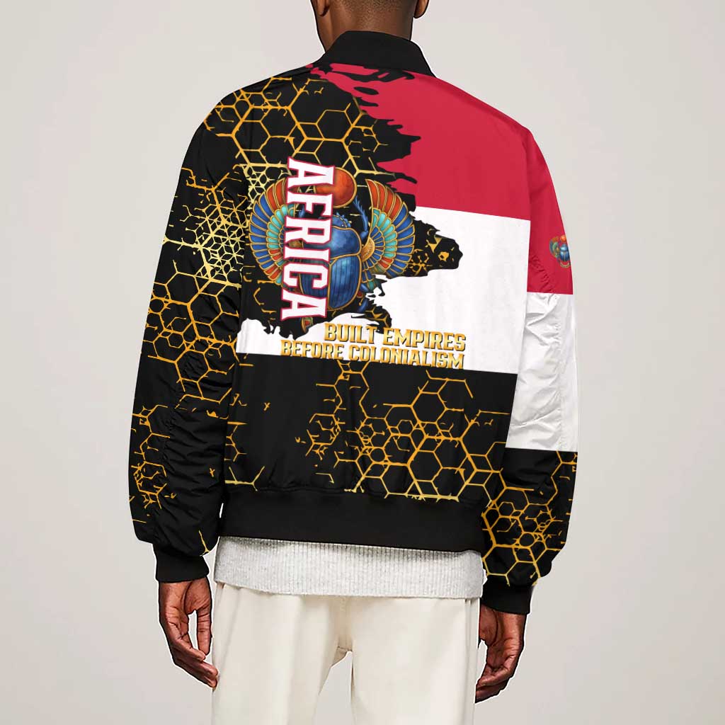 Hatshepsut Sleeve Zip Bomber Jacket with Royal Portrait, Pre-Colonial Empires Text and Red-Black Honeycomb - Wonder Print Shop