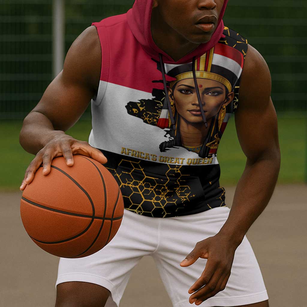 Hatshepsut Sleeveless Hoodie with Royal Portrait, Pre-Colonial Empires Text and Red-Black Honeycomb - Wonder Print Shop