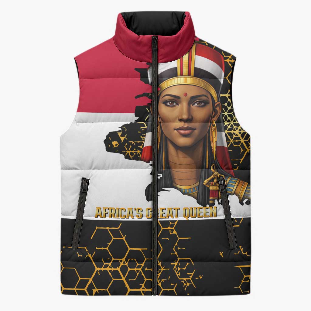 Hatshepsut Sleeveless Puffer Jacket with Royal Portrait, Pre-Colonial Empires Text and Red-Black Honeycomb - Wonder Print Shop