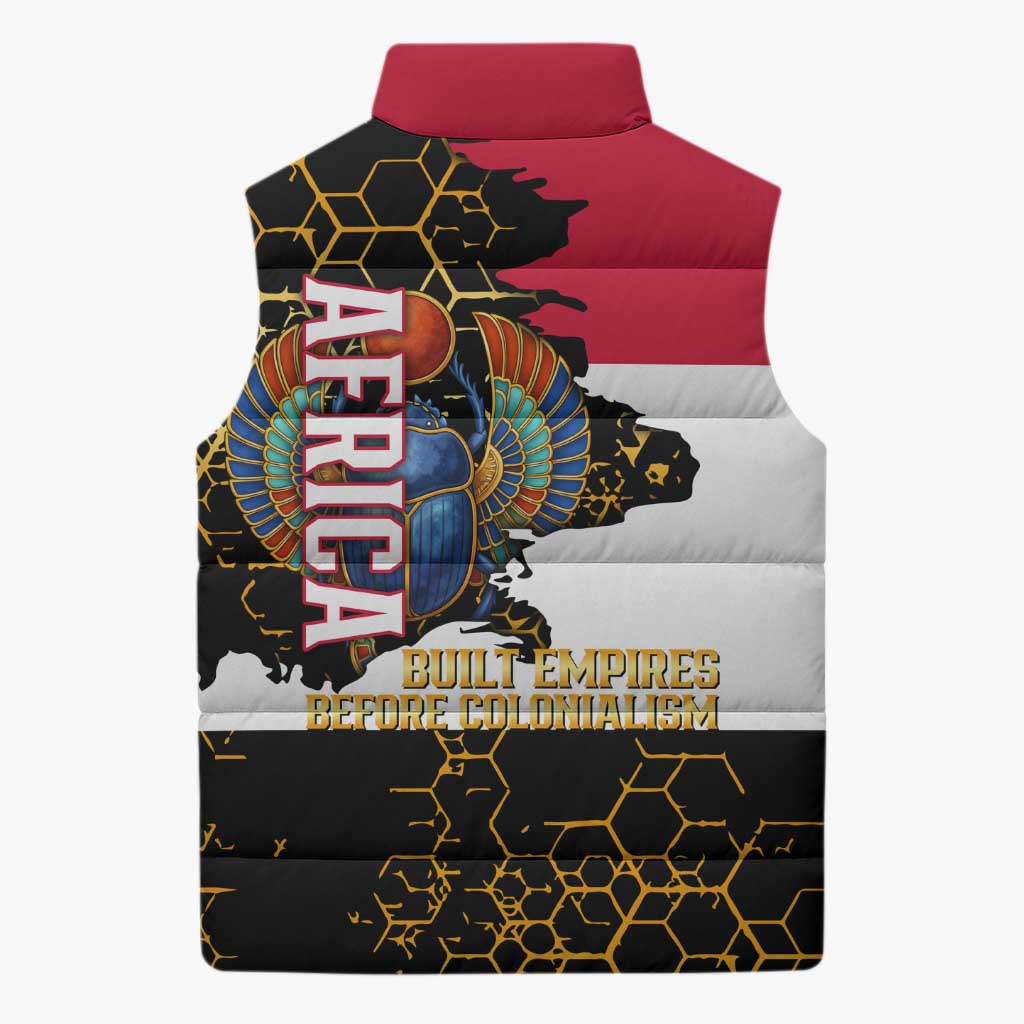 Hatshepsut Sleeveless Puffer Jacket with Royal Portrait, Pre-Colonial Empires Text and Red-Black Honeycomb - Wonder Print Shop