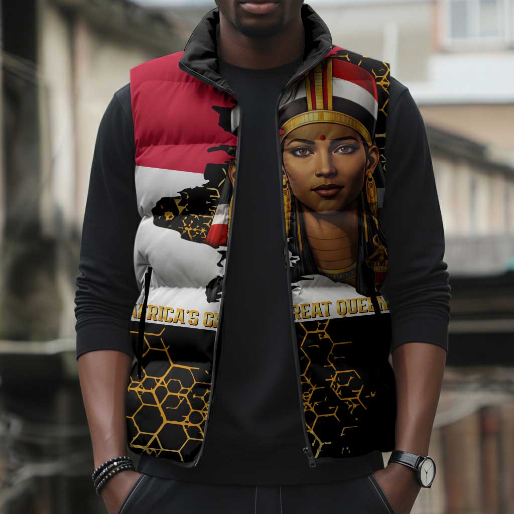 Hatshepsut Sleeveless Puffer Jacket with Royal Portrait, Pre-Colonial Empires Text and Red-Black Honeycomb - Wonder Print Shop