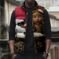 Hatshepsut Sleeveless Puffer Jacket with Royal Portrait, Pre-Colonial Empires Text and Red-Black Honeycomb - Wonder Print Shop