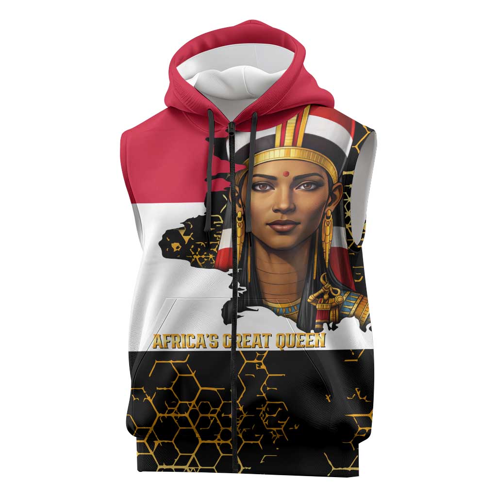 Hatshepsut Sleeveless Zip Hoodie with Royal Portrait, Pre-Colonial Empires Text and Red-Black Honeycomb - Wonder Print Shop