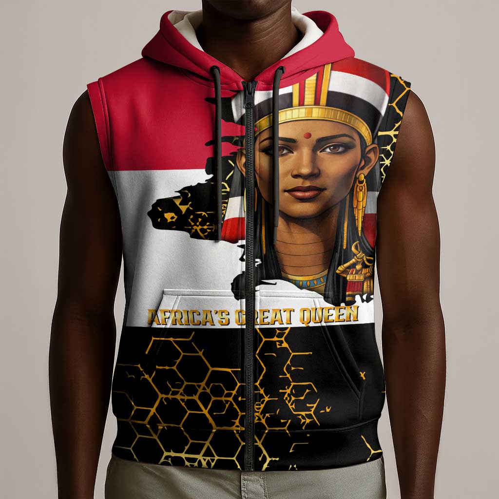 Hatshepsut Sleeveless Zip Hoodie with Royal Portrait, Pre-Colonial Empires Text and Red-Black Honeycomb - Wonder Print Shop